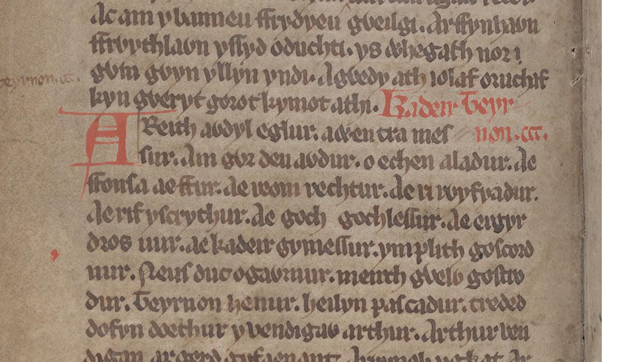 <i>The Book of Taliesin</i>, folio 16v, showing the poem <i>Kadeir Teyrnon</i>, in which Aladur’s name appears at the end of the sixth line