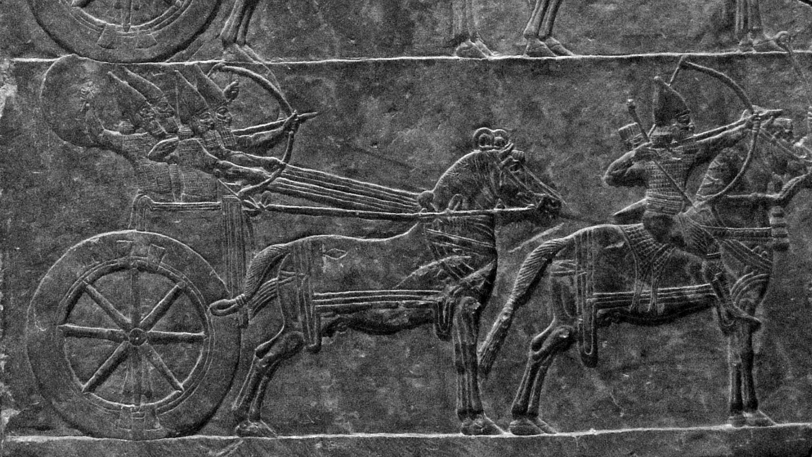 Carving of Mesopotamian chariot and archers
