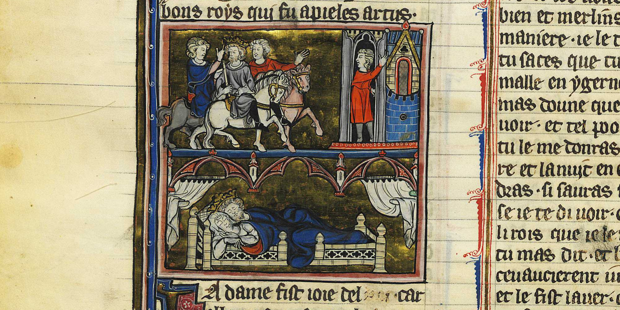 Thirteenth-century manuscript of the Prose <i>Merlin</i>, from Robert de Boron’s <i>Merlin</i> poem, depicting Uther together with Igerna on the night of Gorlois’ death