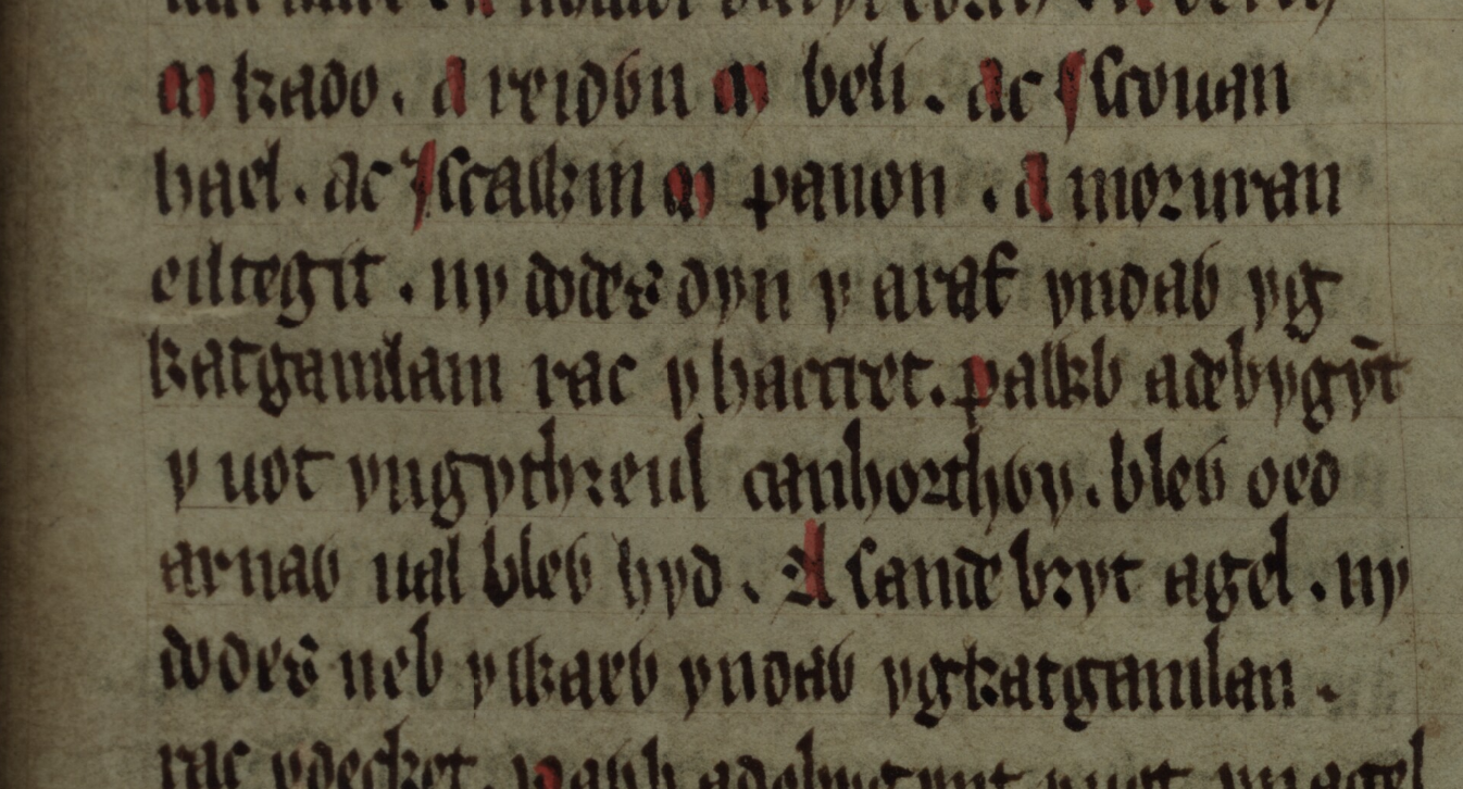 Culhwch and Olwen, folio 202r, showing two references to the Battle of Camlann (lines 4 and 7)