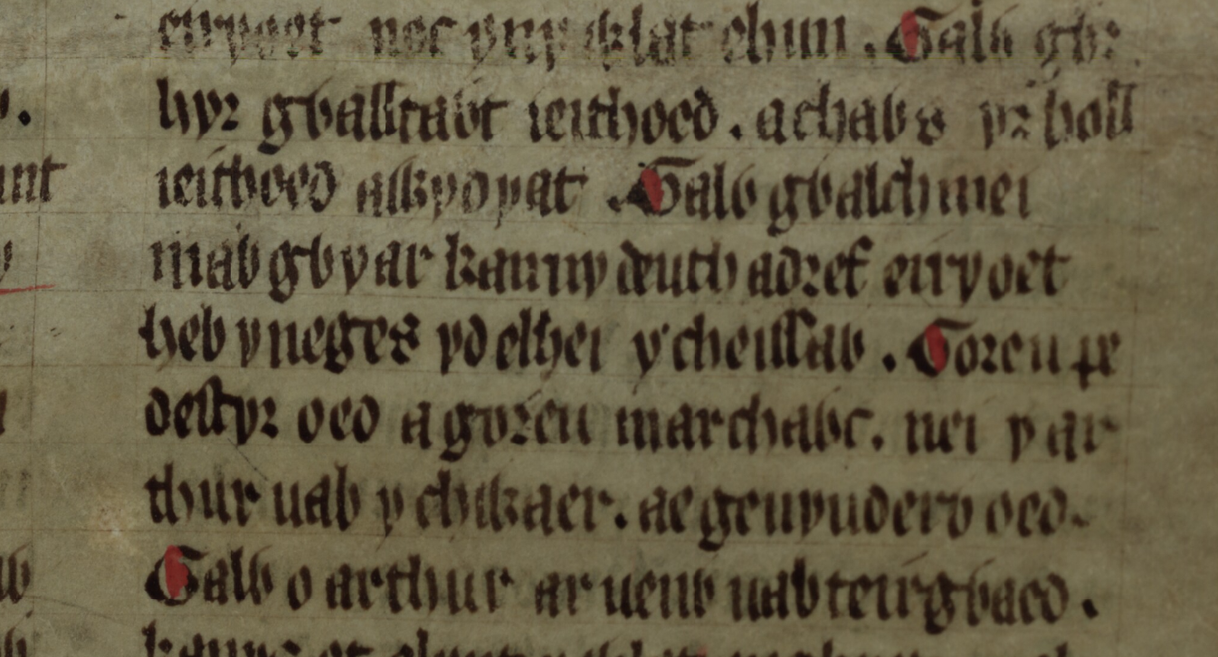 <i>Culhwch and Olwen</i>, folio 203r, showing the line in which Gywar the mother of Gwalchmai is revealed to be the sister of Arthur
