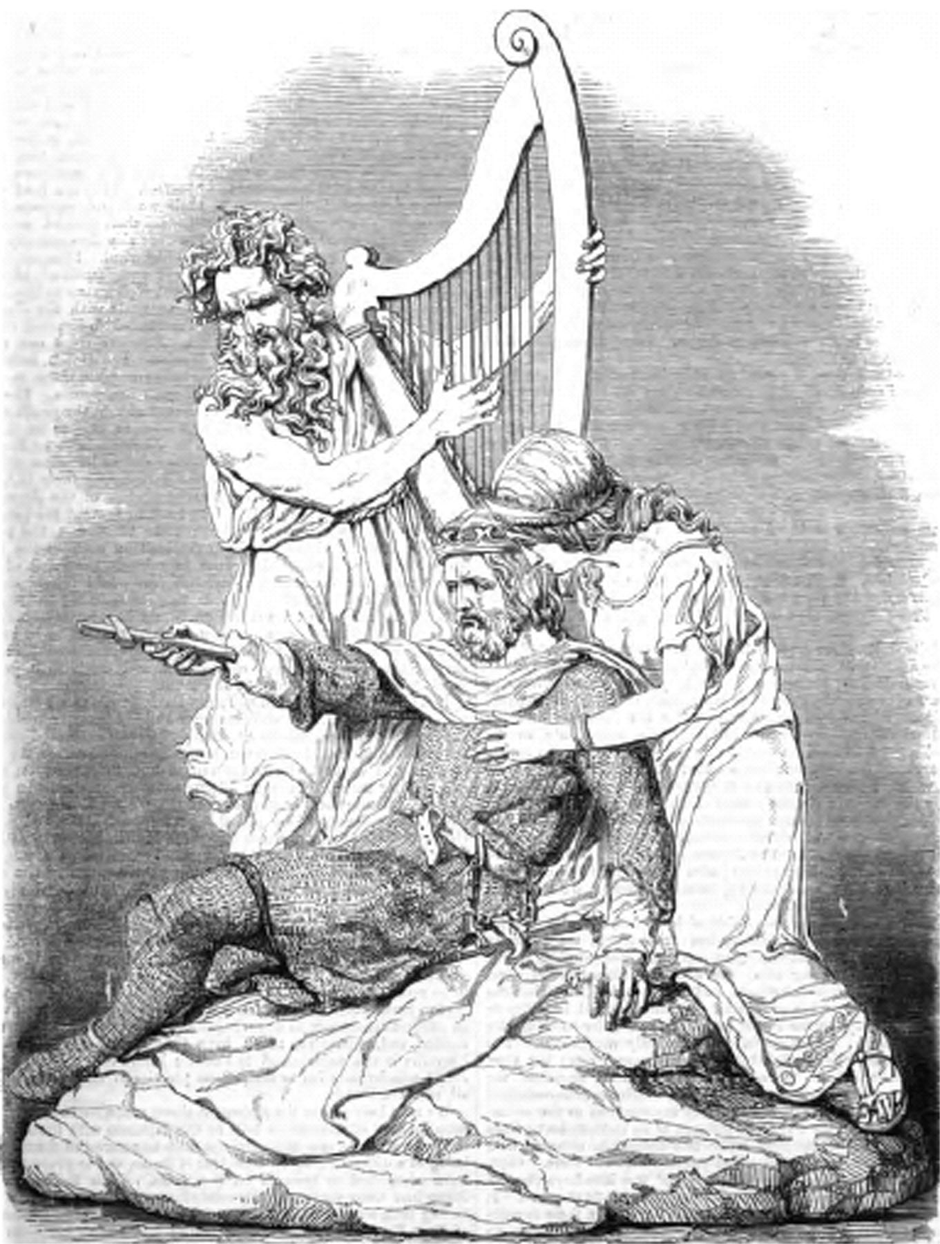 The Death of Tewdric, drawing of a sculpture by J. Evan Thomas, 1852