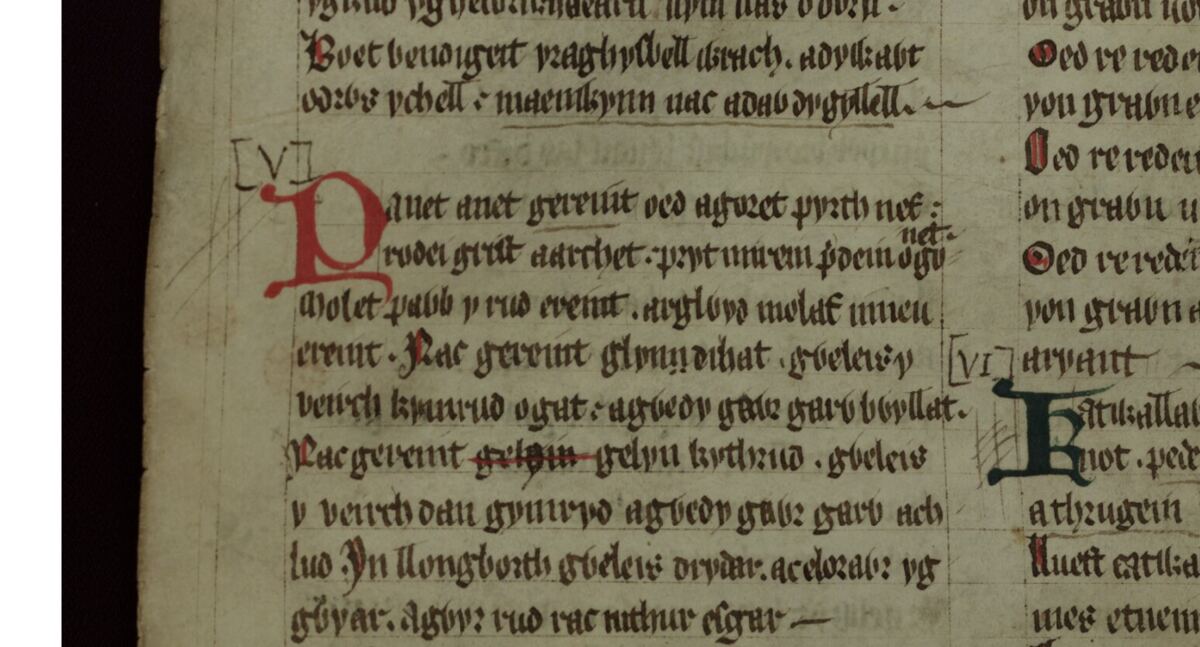 The poem <i>Englynion Gereint fab Erbin</i> in the Red Book of Hergest, folio 259v, starting partway down the left column
