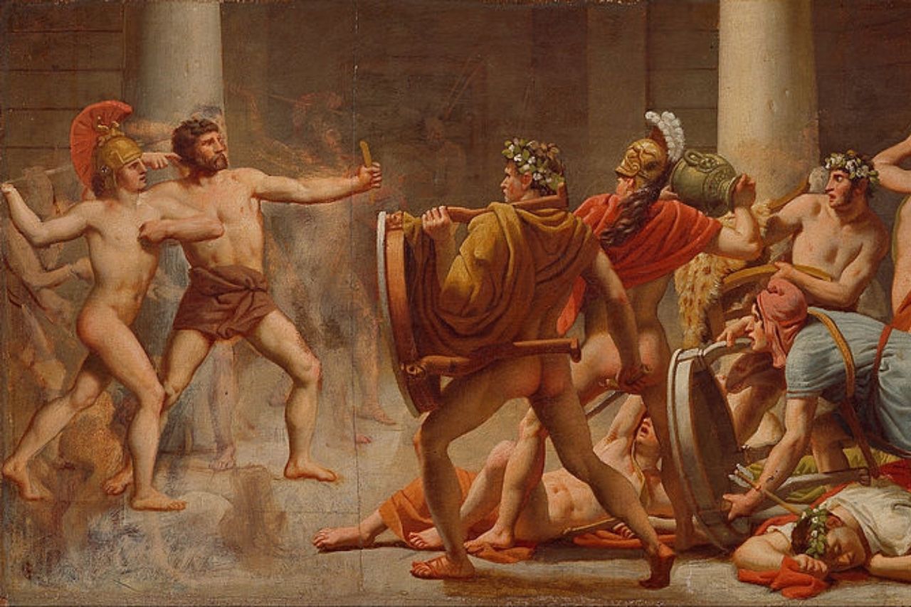 Eumaeus helping Odysseus kill the suitors in the great hall of his palace