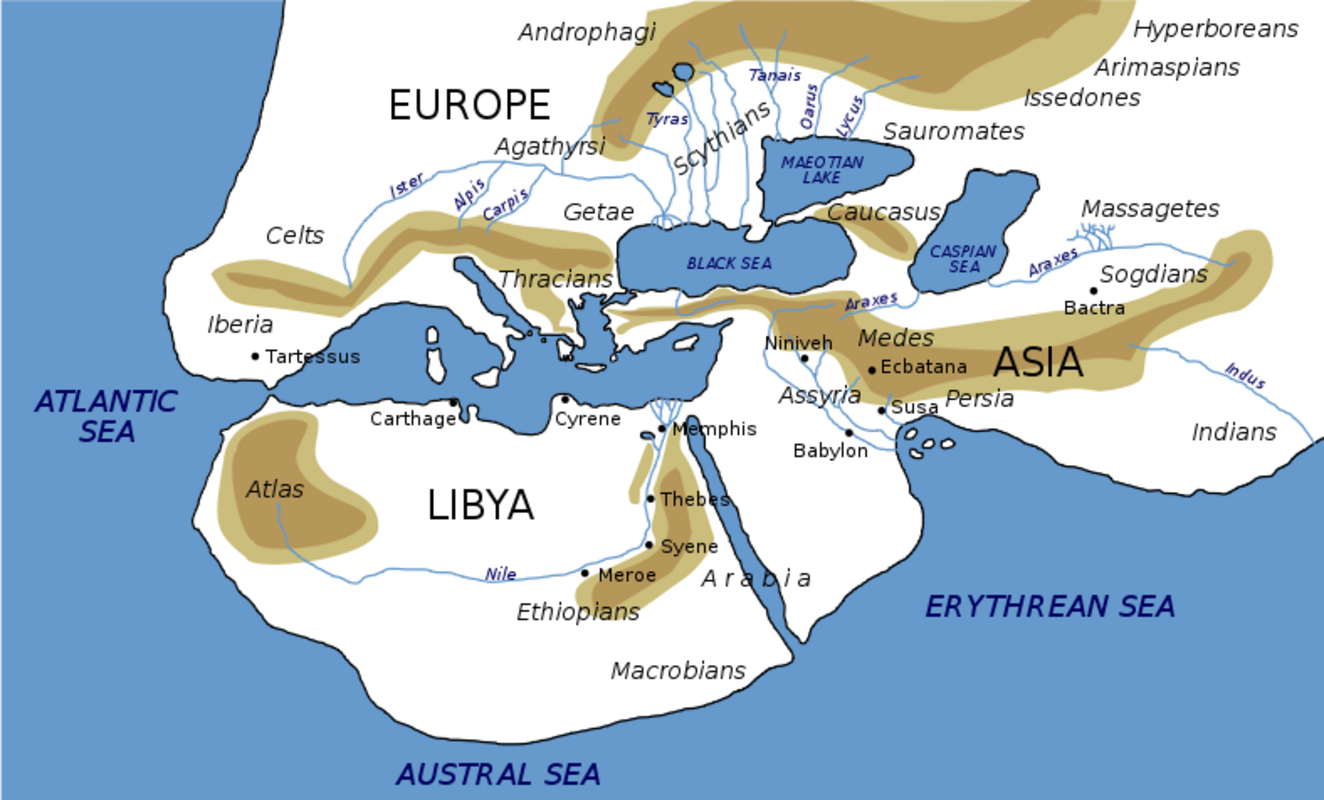 World map based on the descriptions of Herodotus, showing Hyperborea in the top right corner