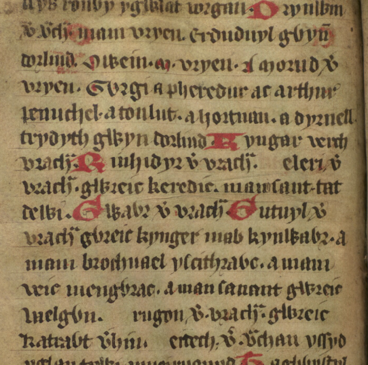 View of <i>Jesus College MS 20</i> folio 33v, showing Brychan’s name appearing as ‘Vrach’ several times, such as at the start of lines seven, eight, and ten
