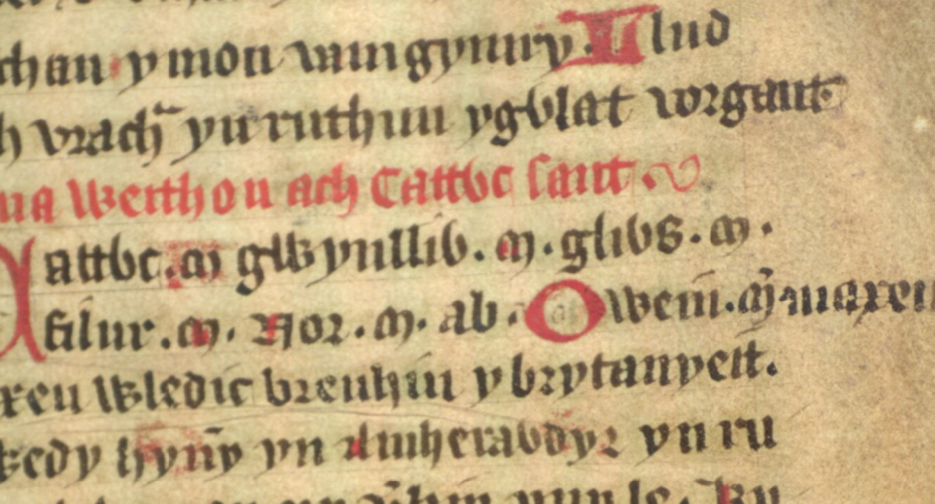 Jesus College MS 20, folio 34r, showing Glywys the father of King Poulentus at the end of the centre line