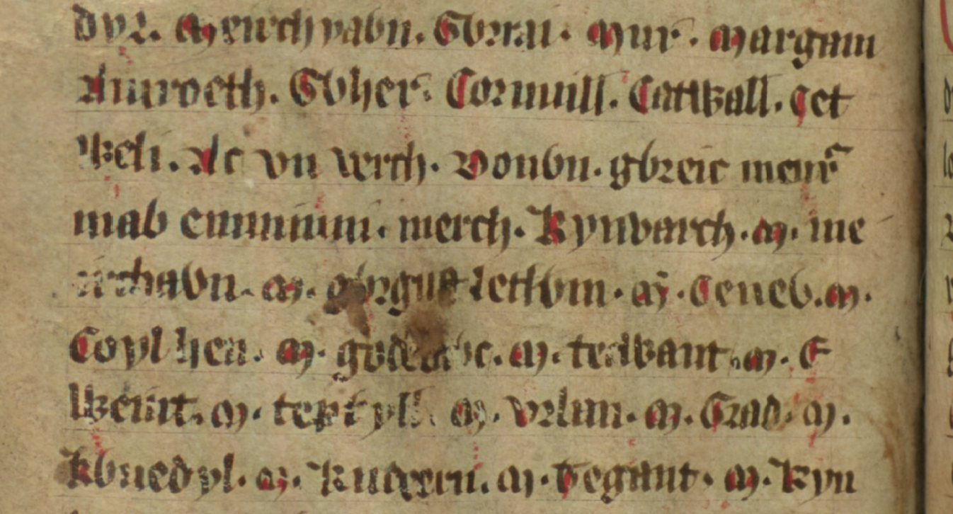 Jesus College MS 20, folio 34v, showing Meirchion ap Gwrgust across the fourth and fifth lines, possibly the opponent of Illtud