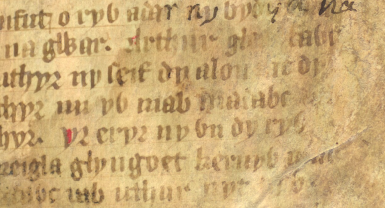 Jesus College MS 20, folio 1r, showing Eliwlod calling himself son of ‘Madawc’ (end of centre line)