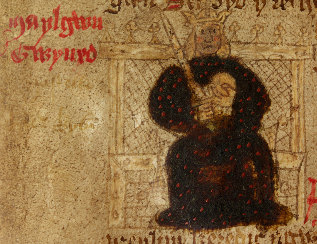 Illustration of Maelgwn Gwynedd, king of Dark Age Britain, from <i>Brut Y Brenhinedd</i>, 15th century, Wales