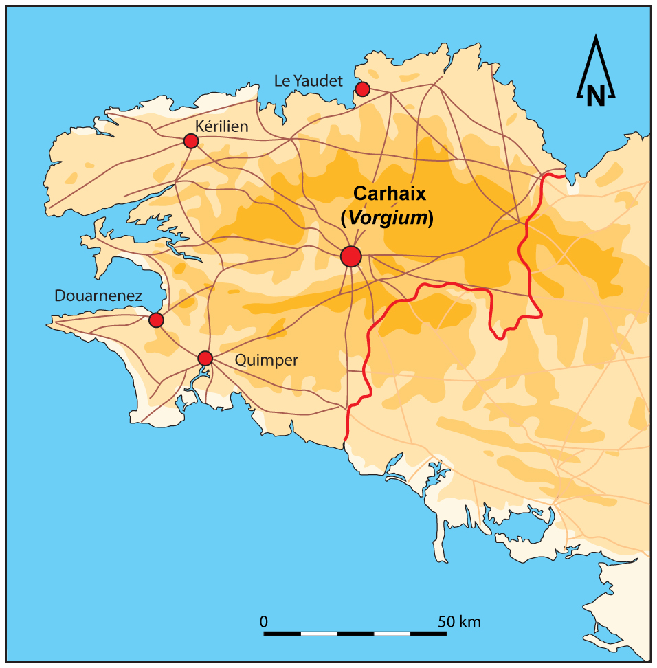 Map showing the location of Carhaix in Brittany