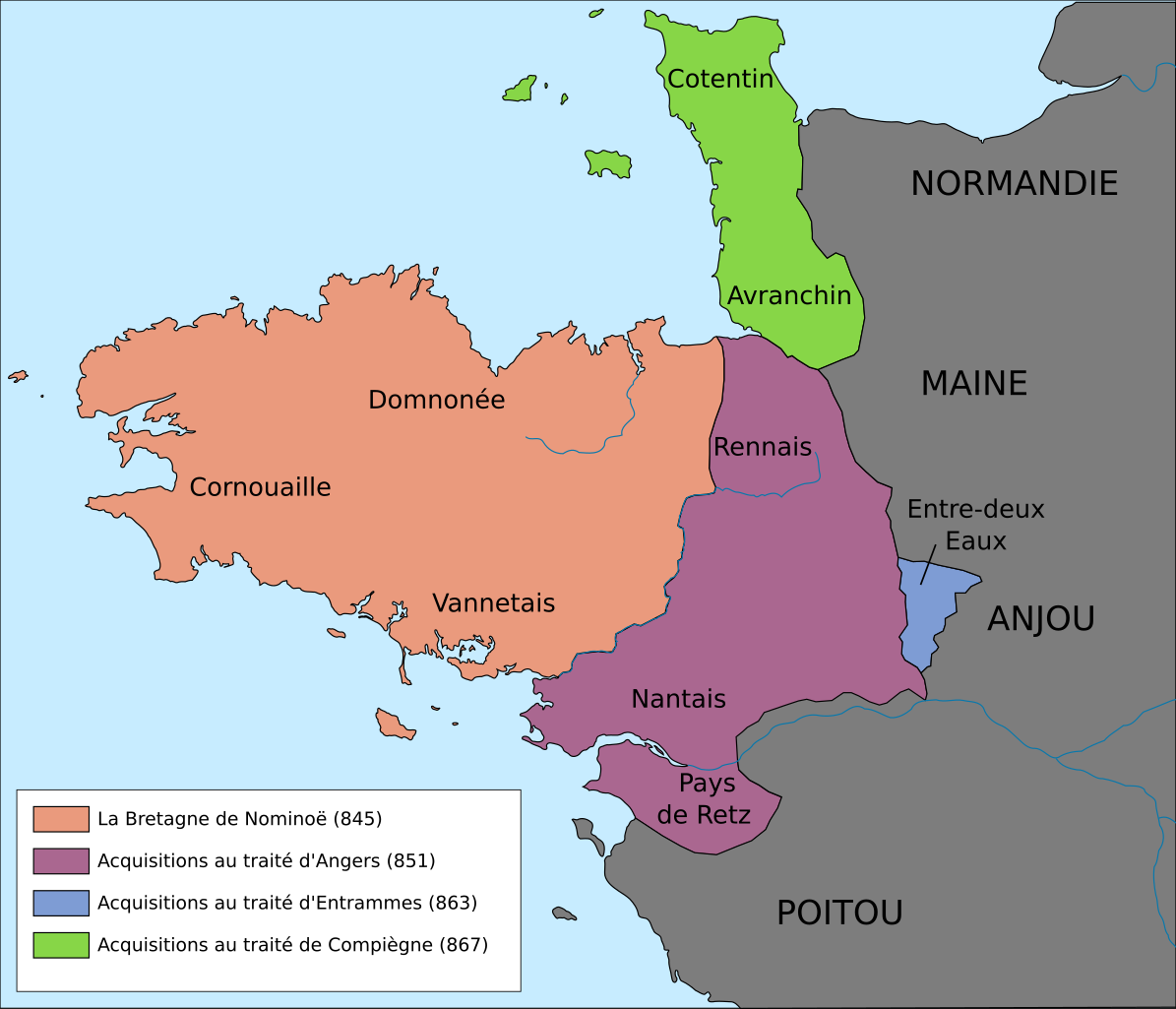 Map of ninth-century Brittany, showing the location of Cornouaille. Wikimedia, CC-BY 3.0
