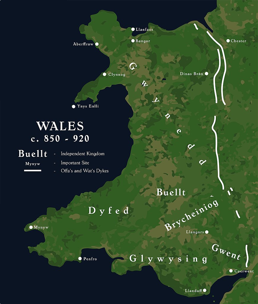 Map showing the southern kingdom of Glywysing, where Tydecho was likely raised, and the kingdom of Dyfed, where his father lived, CC-BY-SA 4.0