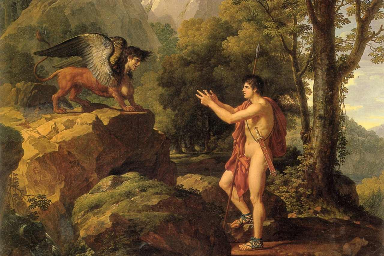 Oedipus and the Sphinx, Greek mythology scene depicting the famous riddle encounter
