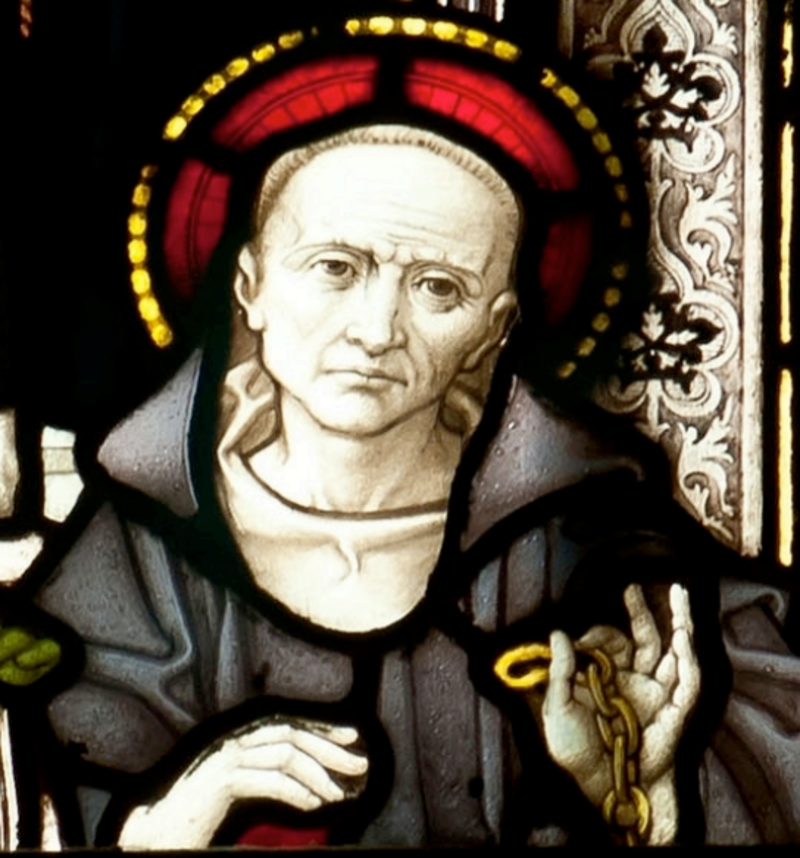 Stained glass depiction of Saint Petroc, whose hagiography possibly mentions King Constantine, Truro Cathedral, Truro, Cornwall