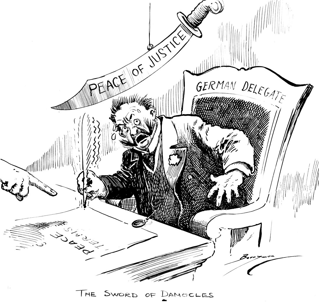 olitical cartoon depicting a modern use of the expression ‘Sword of Damocles’, 1919