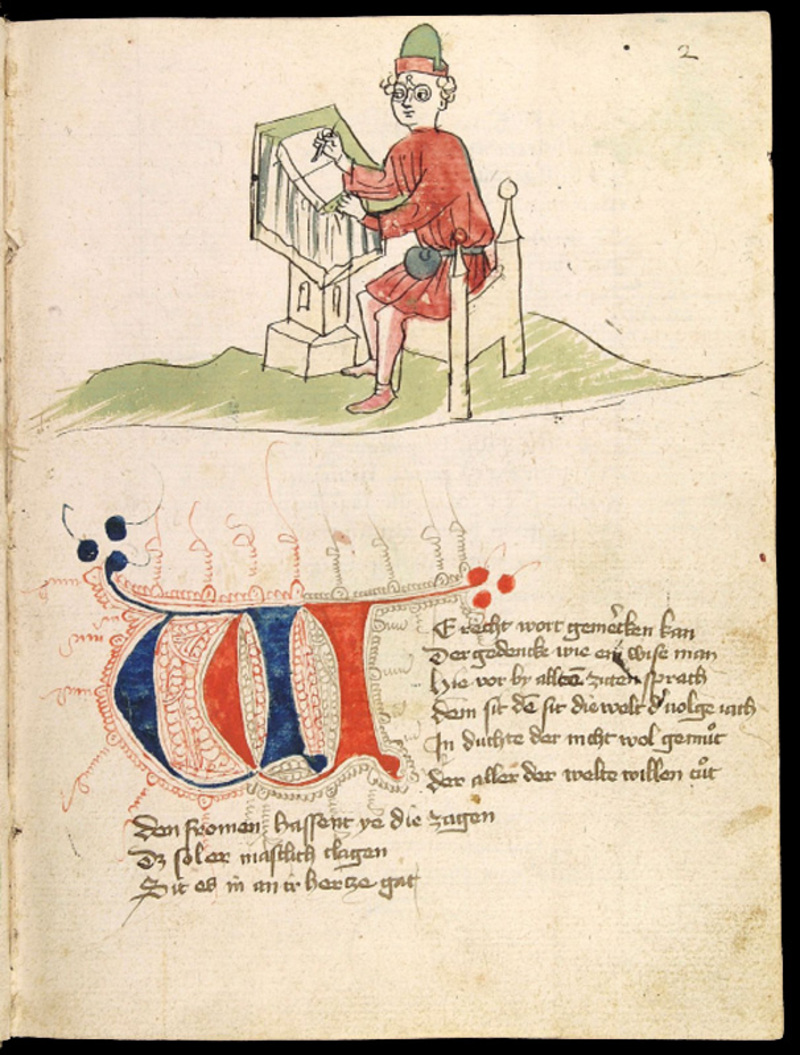 Depiction of Ulrich von Zatzikhoven and the opening lines of his <i>Lanzelet</i>, from the Codex Palatinus Germanicus 371, 1420