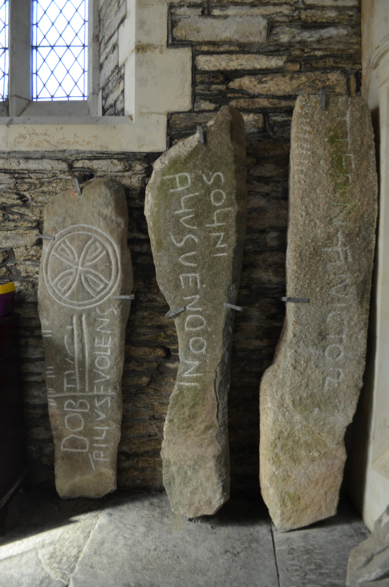 Inscribed stones at St Clydai’s Church, Pembrokeshire, with the right-hand stone possibly containing a reference to Gwenhwyfar’s father Gwythyr